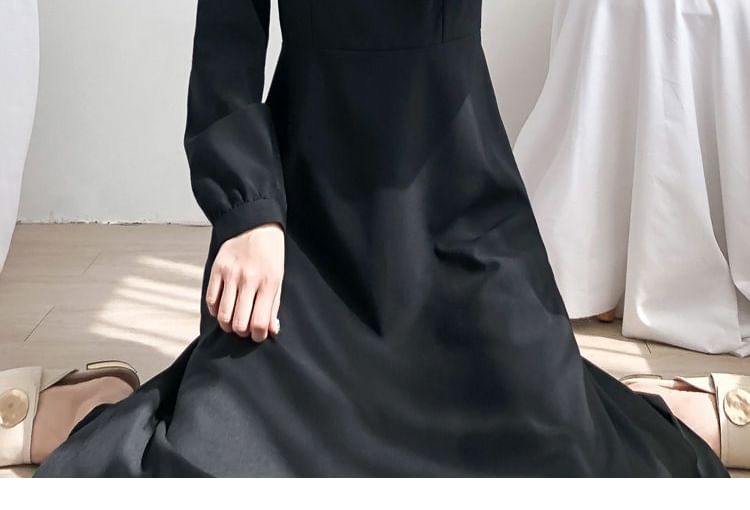 Neck A-Line Long-Sleeve Plain Square Midi Dress