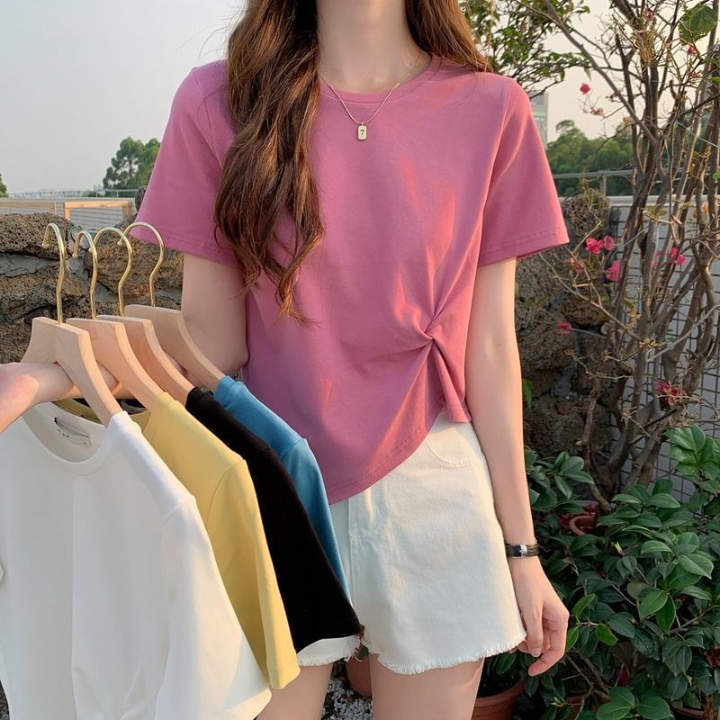 Crew Plain Short-Sleeve T-Shirt Asymmetrical Crop Ruched Neck