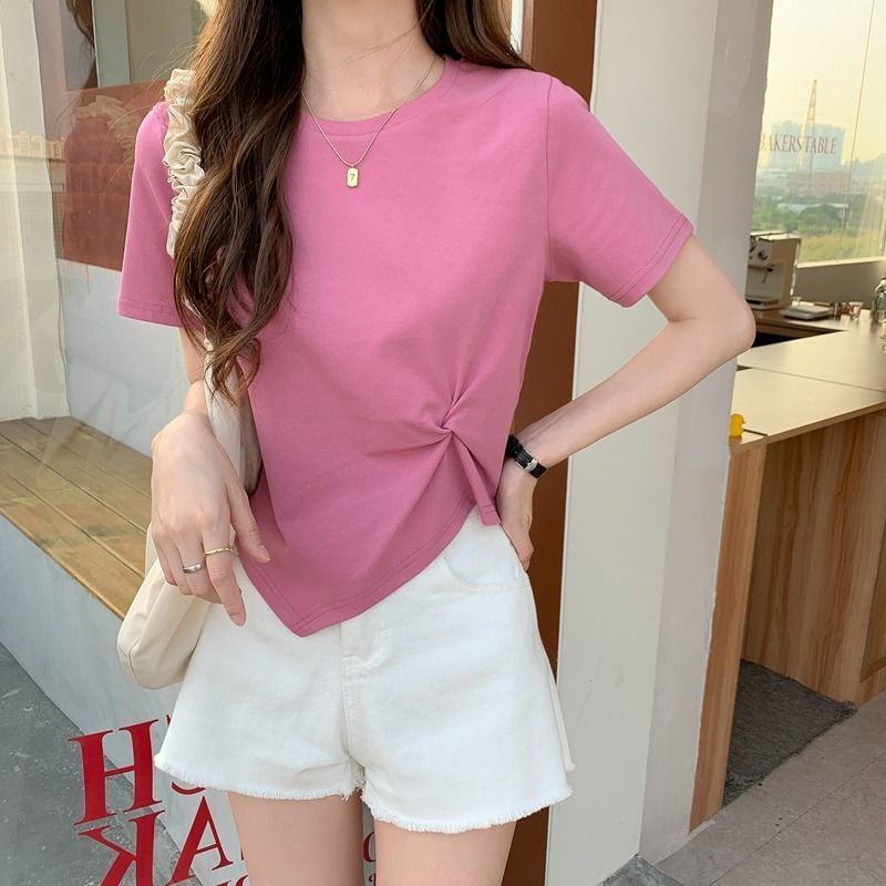 Crew Plain Short-Sleeve T-Shirt Asymmetrical Crop Ruched Neck