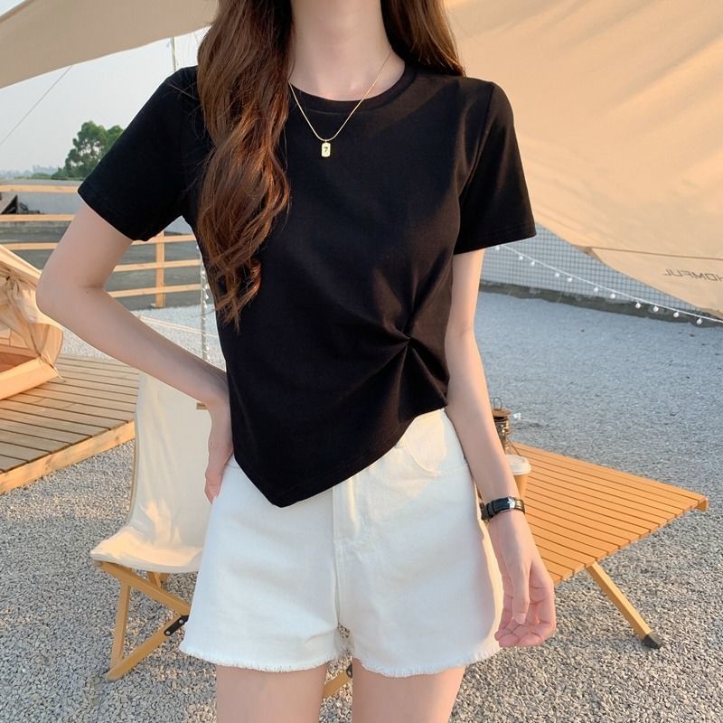 Crew Plain Short-Sleeve T-Shirt Asymmetrical Crop Ruched Neck