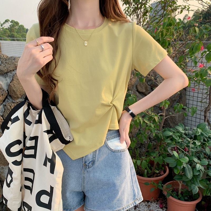 Crew Plain Short-Sleeve T-Shirt Asymmetrical Crop Ruched Neck