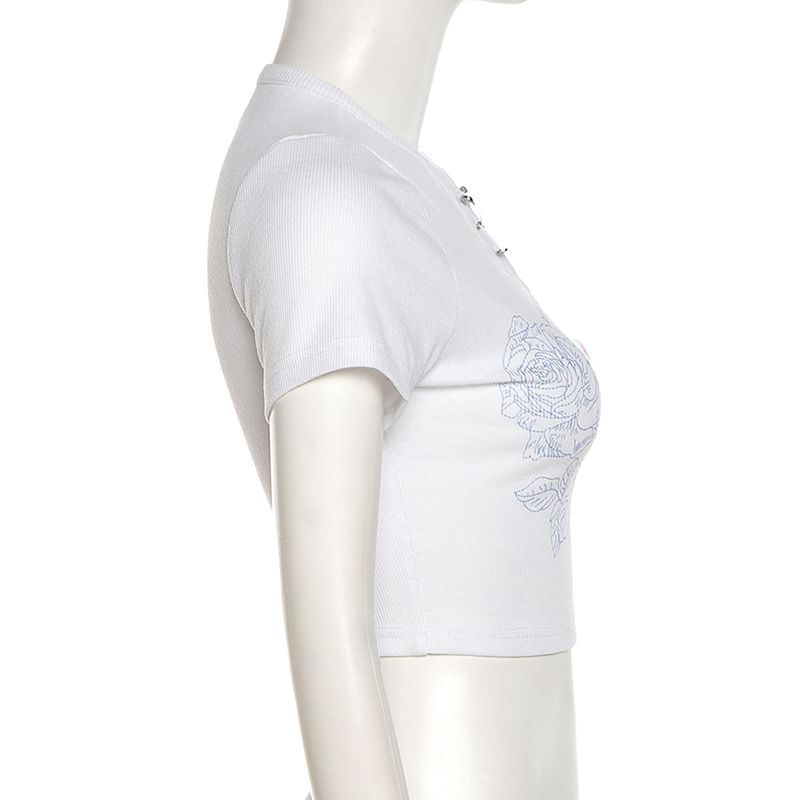 Crop Notch Accent Slim Ribbed Floral Short-Sleeve Neck Pin Fit T-Shirt Print Safety