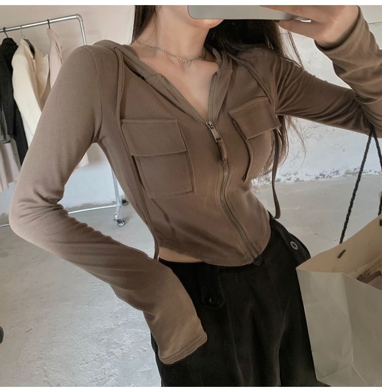 Zip-Up Plain Hoodie Crop Slim Fit