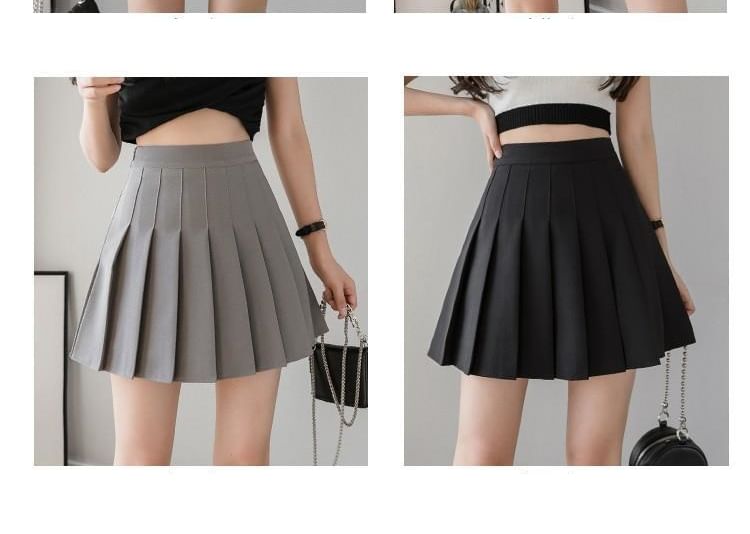 Mini Plain High Pleated Waist Skirt A-Line