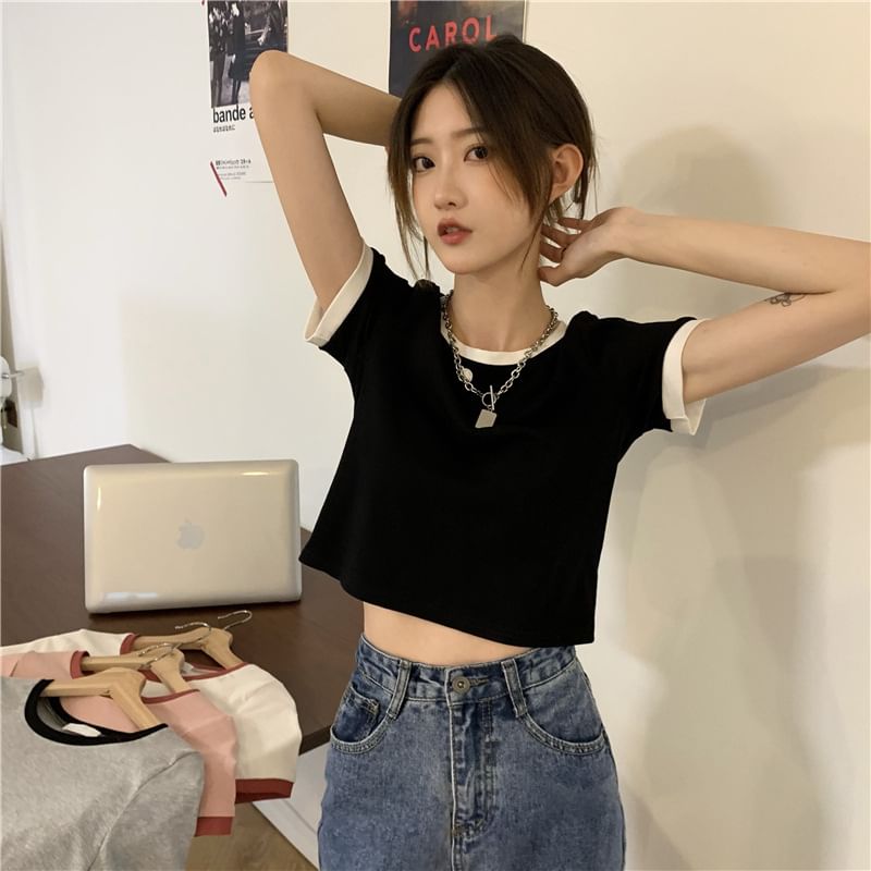 Contrast Crew Short-Sleeve Crop Trim T-Shirt Neck