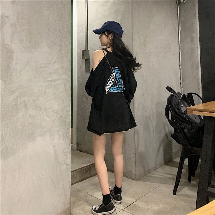 Cold Lettering Neck 3/4-Sleeve T-Shirt Shoulder Crew Print