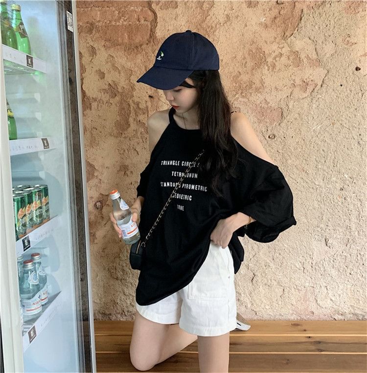 Cold Lettering Neck 3/4-Sleeve T-Shirt Shoulder Crew Print