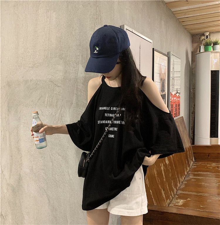 Cold Lettering Neck 3/4-Sleeve T-Shirt Shoulder Crew Print