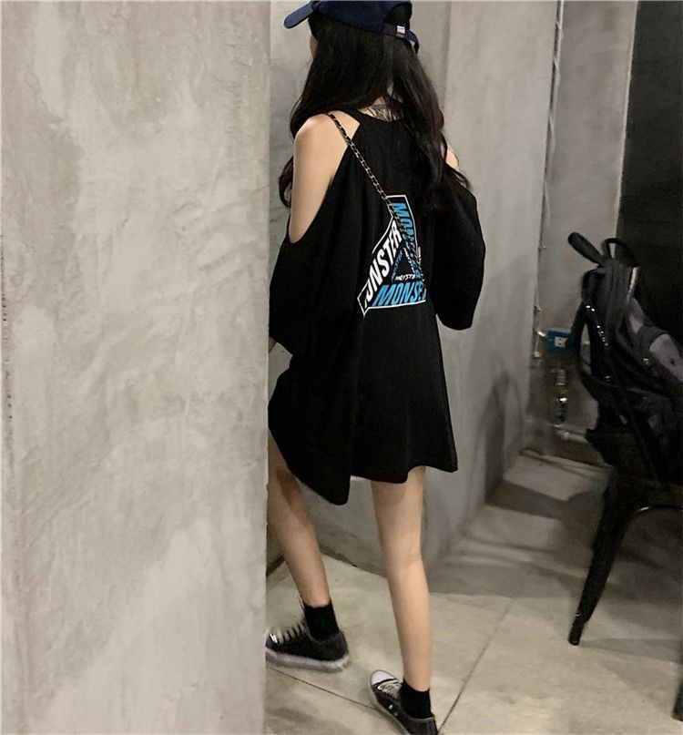 Cold Lettering Neck 3/4-Sleeve T-Shirt Shoulder Crew Print