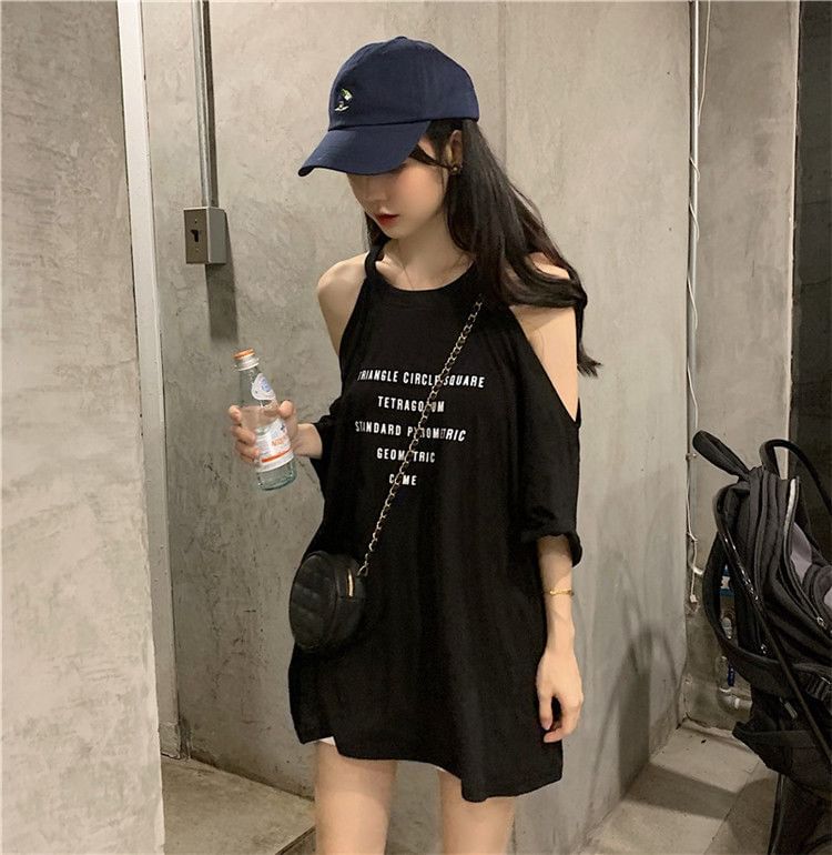 Cold Lettering Neck 3/4-Sleeve T-Shirt Shoulder Crew Print