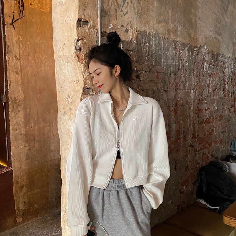 Applique Waffle Jacket Collared Plain Crop Zip-Up