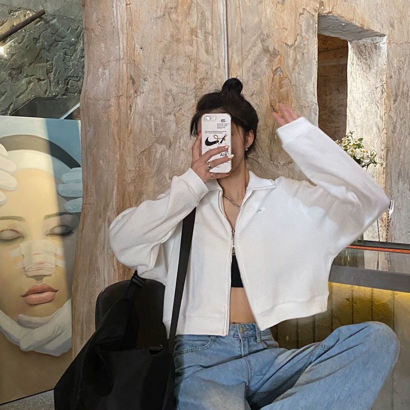 Applique Waffle Jacket Collared Plain Crop Zip-Up