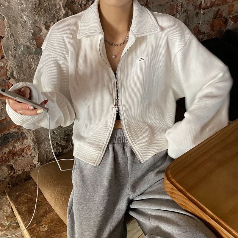 Applique Waffle Jacket Collared Plain Crop Zip-Up