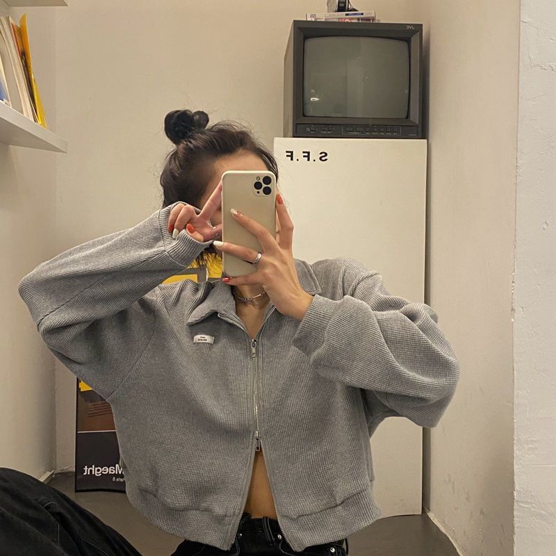 Applique Waffle Jacket Collared Plain Crop Zip-Up