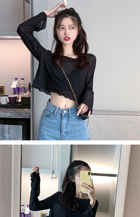 Long-Sleeve Crop Off-Shoulder Sheer T-Shirt Plain