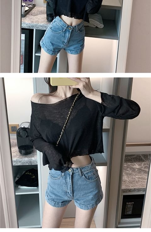 Long-Sleeve Crop Off-Shoulder Sheer T-Shirt Plain