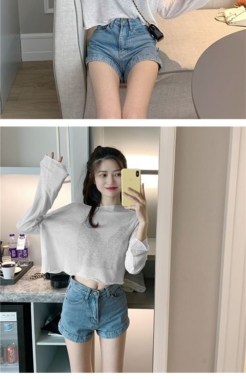 Long-Sleeve Crop Off-Shoulder Sheer T-Shirt Plain