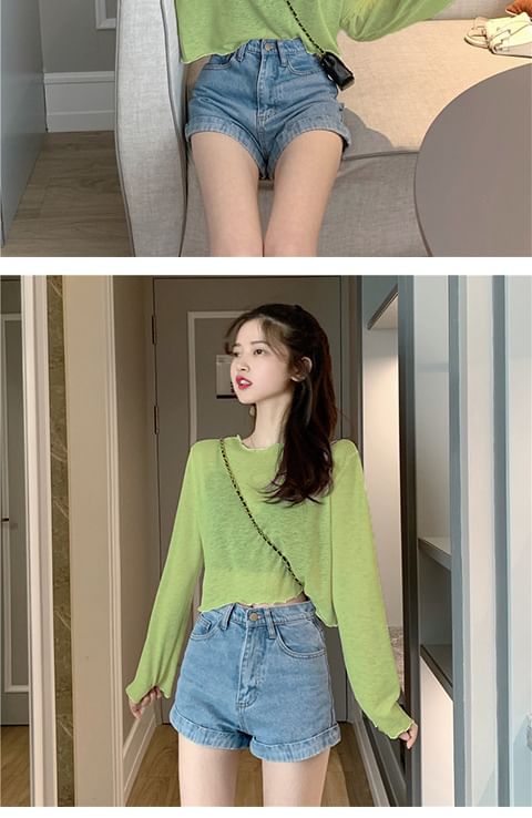 Long-Sleeve Crop Off-Shoulder Sheer T-Shirt Plain