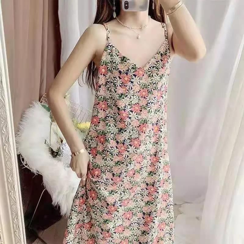 Shift Dress Print Strap Spaghetti V-Neck Midi Floral
