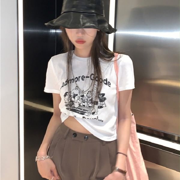 Crew Neck Crop Print Short-Sleeve T-Shirt Lettering