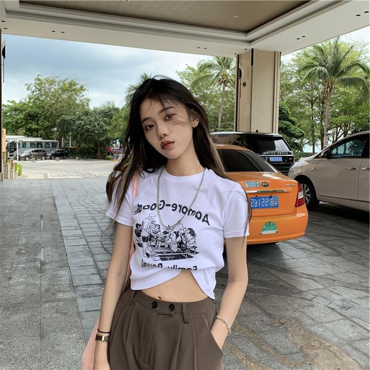 Crew Neck Crop Print Short-Sleeve T-Shirt Lettering