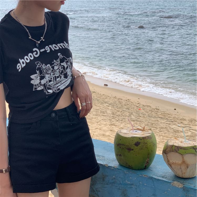 Crew Neck Crop Print Short-Sleeve T-Shirt Lettering