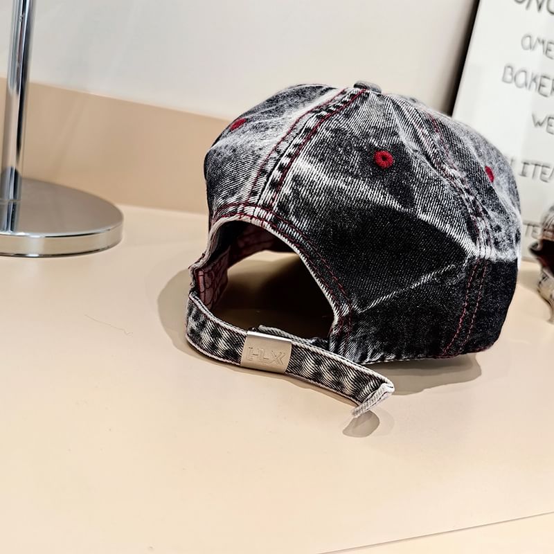 Baseball Lettering Distressed Washed Cap Denim