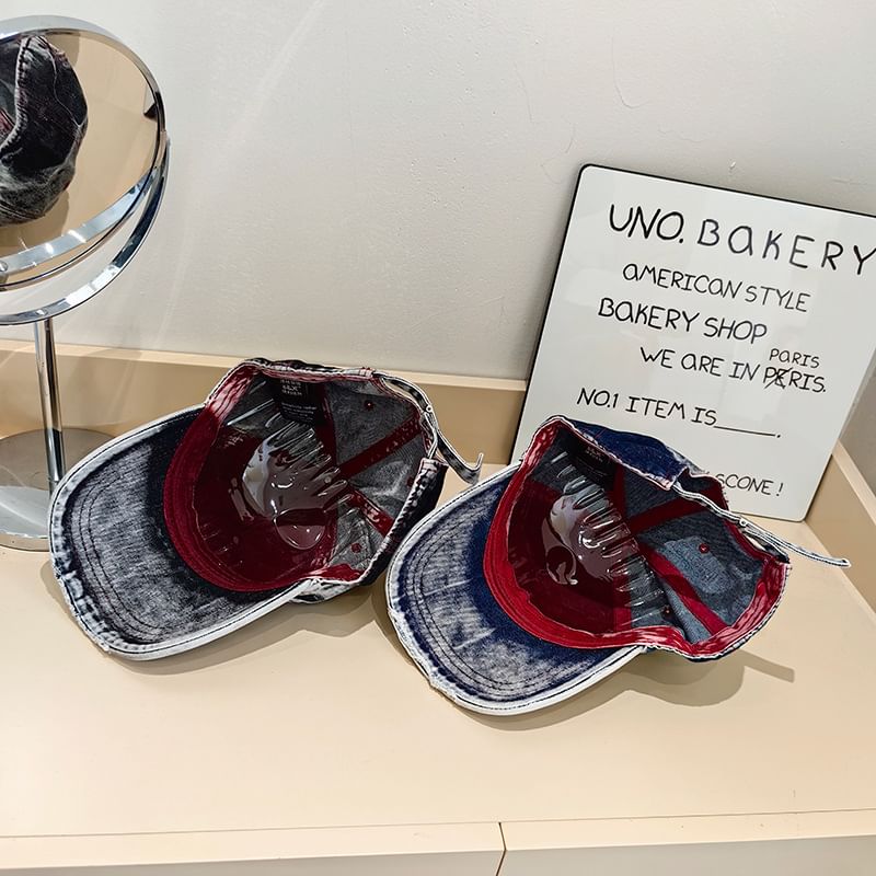 Baseball Lettering Distressed Washed Cap Denim