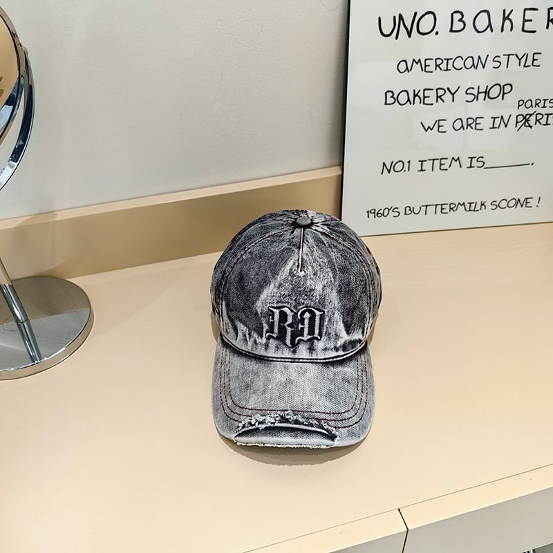 Baseball Lettering Distressed Washed Cap Denim