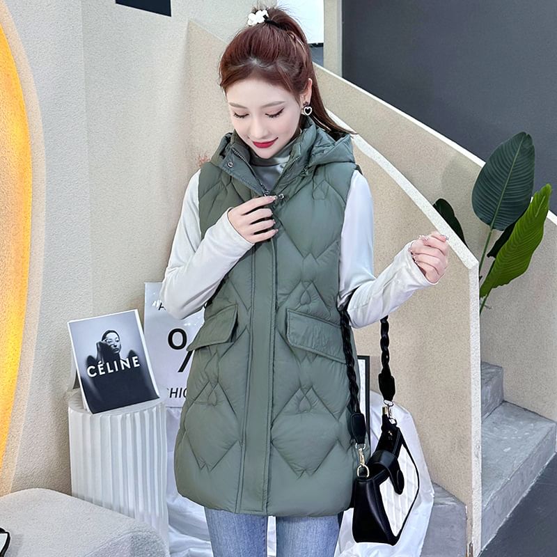 Hooded Plain Zip-Up Padded Long Vest