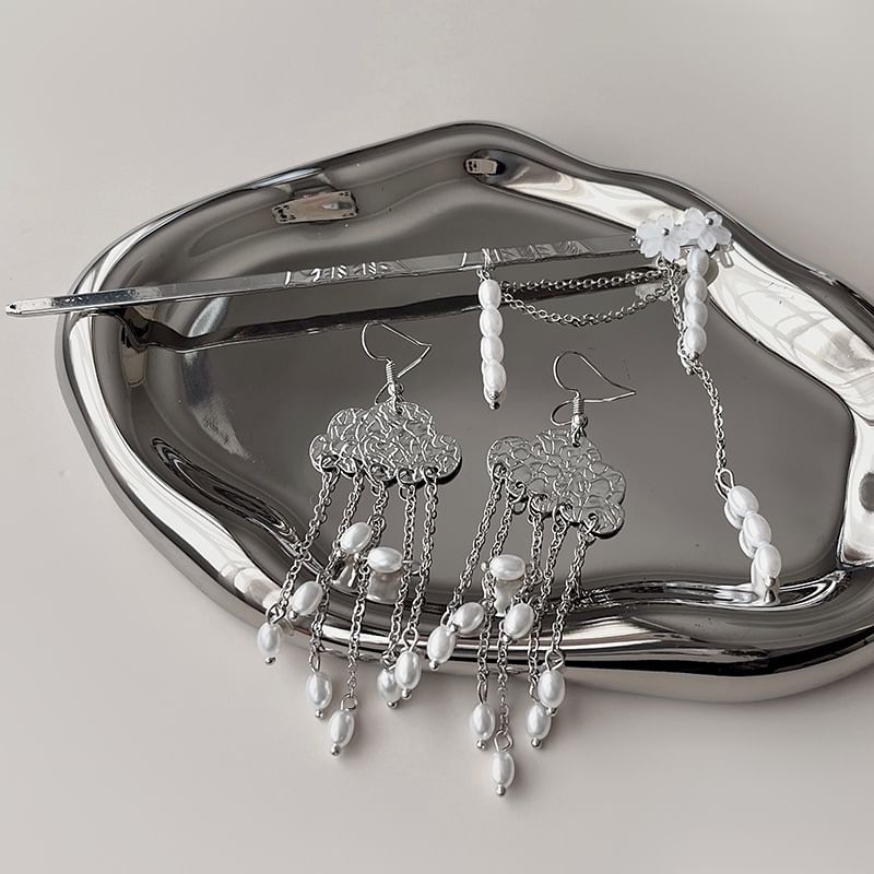 Stick Alloy Earring Hair Pearl / Floral Chandelier Faux