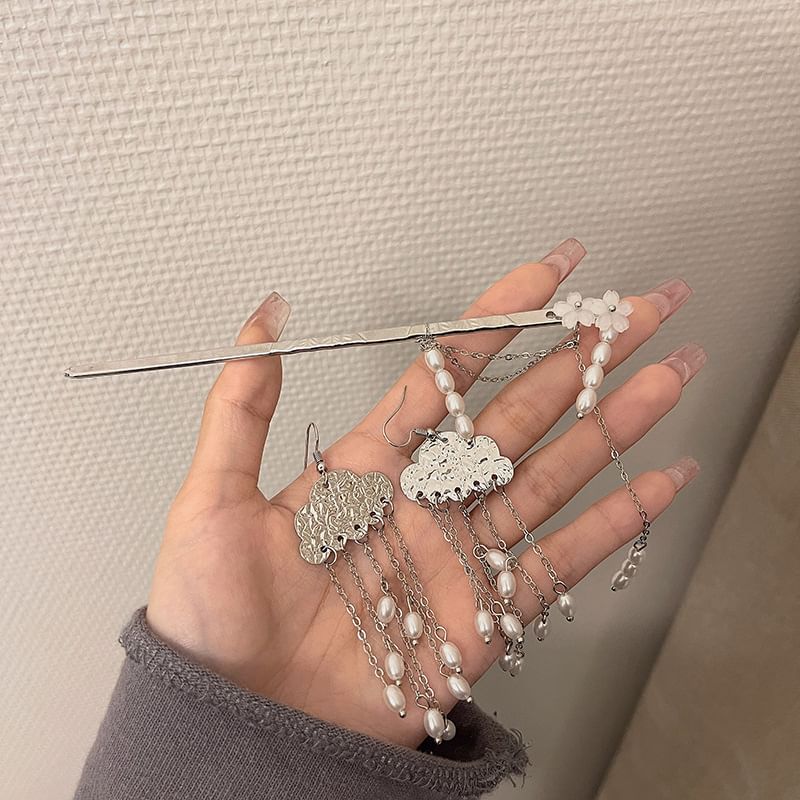 Stick Alloy Earring Hair Pearl / Floral Chandelier Faux