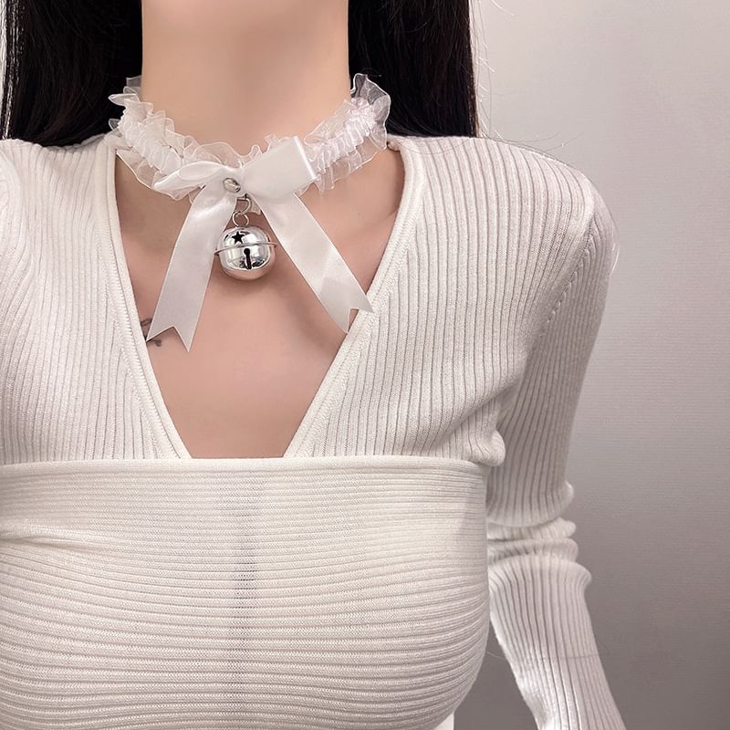 Lace Ribbon Bell Pendant Choker