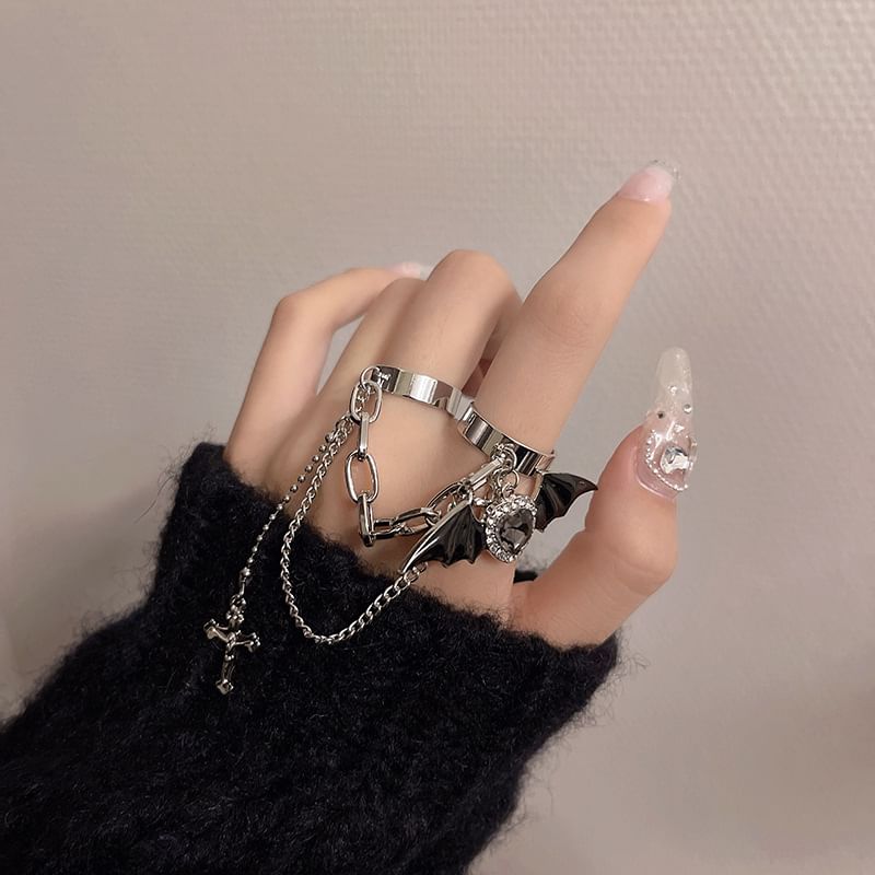 Bat Heart Alloy Ring Cross Wing Double
