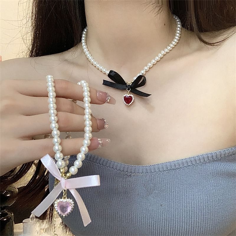 Heart Choker Faux Pearl Ribbon Pendant