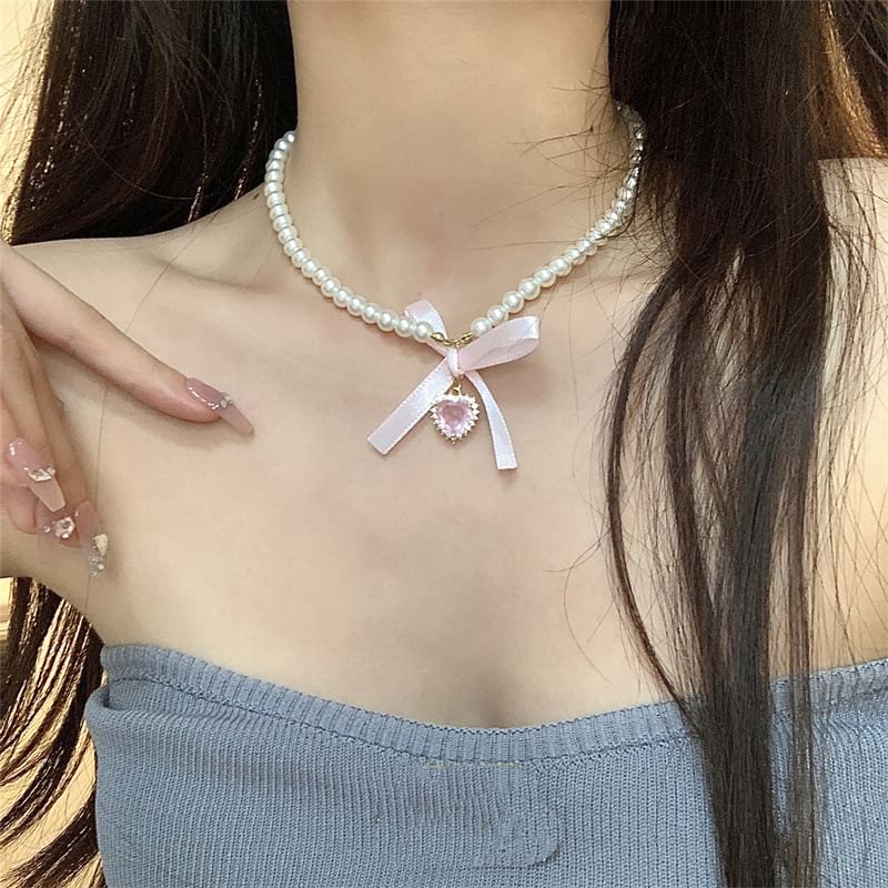 Heart Choker Faux Pearl Ribbon Pendant