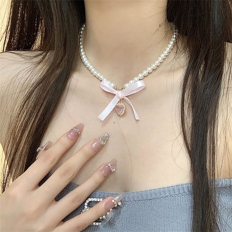 Heart Choker Faux Pearl Ribbon Pendant