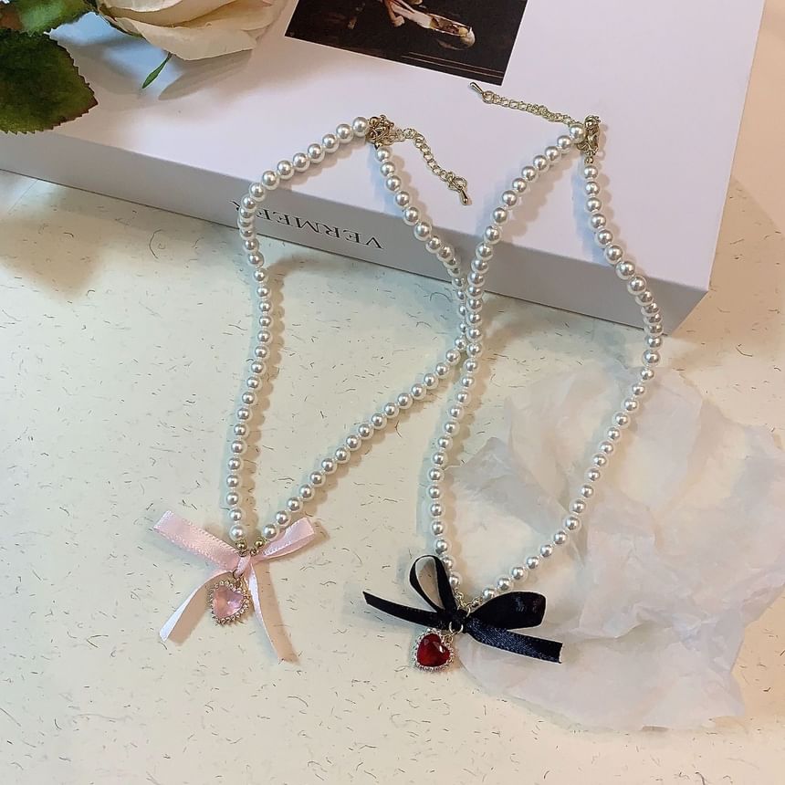 Heart Choker Faux Pearl Ribbon Pendant