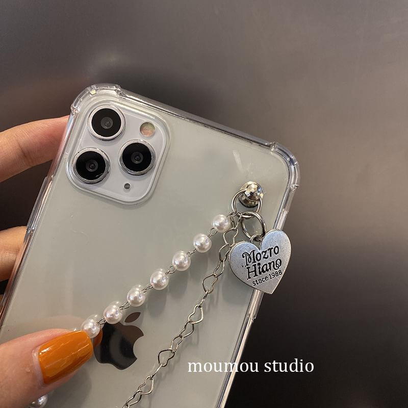 Case Faux Heart Phone Pearl Strap
