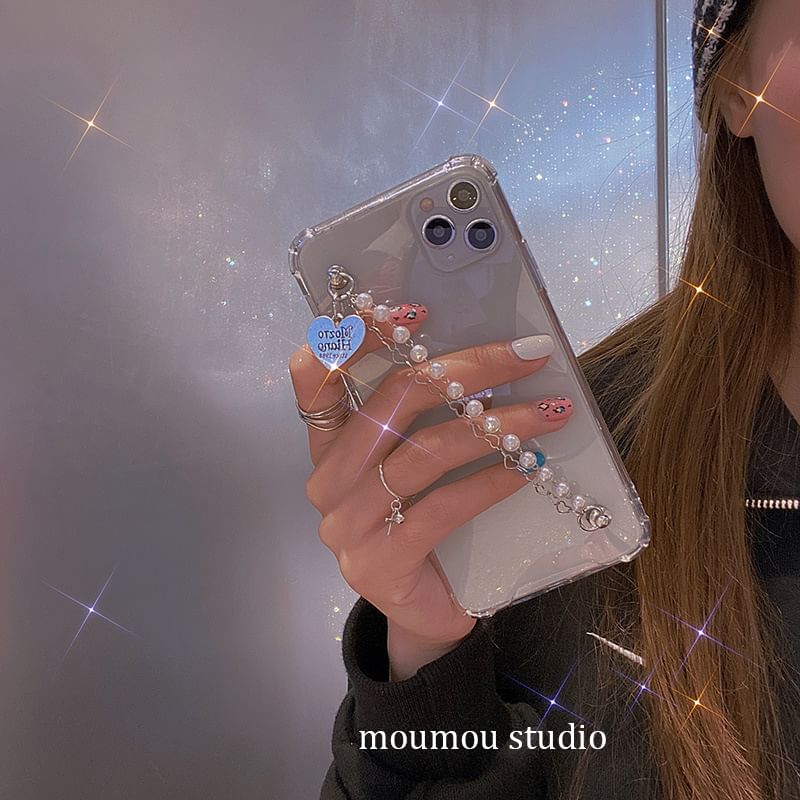 Case Faux Heart Phone Pearl Strap