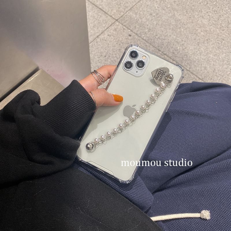 Phone Pearl Strap Case Heart Faux