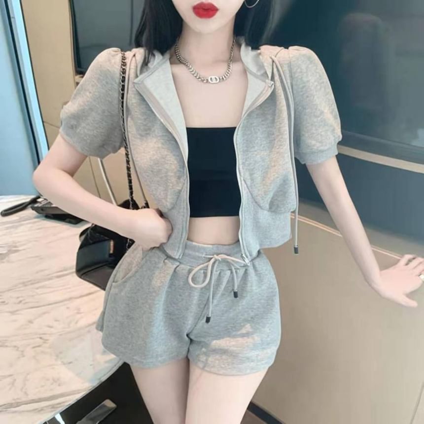 Plain Drawstring Set: Shorts Waist + Short-Sleeve Zip Sweat Hoodie