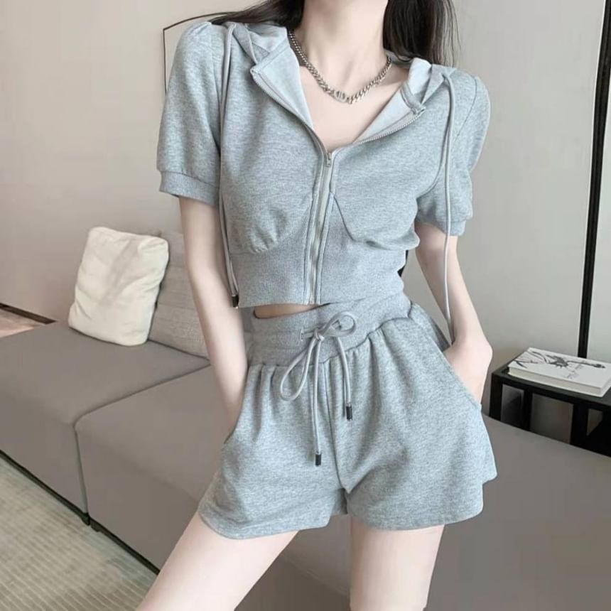 Plain Drawstring Set: Shorts Waist + Short-Sleeve Zip Sweat Hoodie