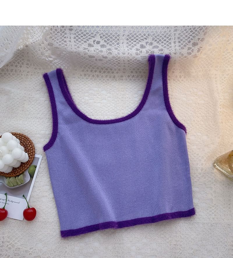 Top Scoop Crop Contrast Neck Knit Trim