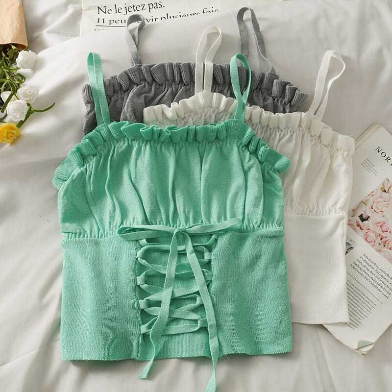Top Plain Lace Ruched Up Camisole Crop
