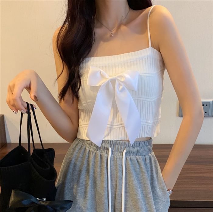 Ribbed Bow Top Plain Knit Camisole