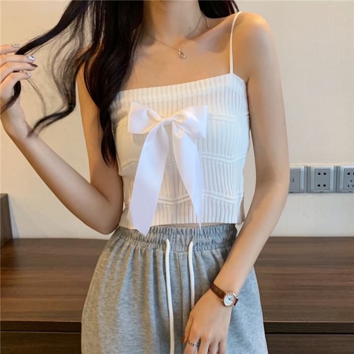 Ribbed Bow Top Plain Knit Camisole