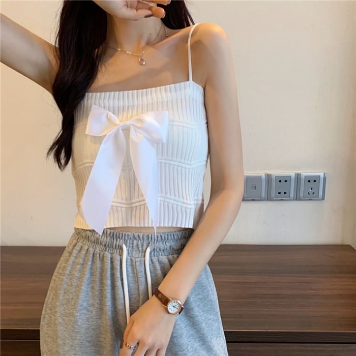 Ribbed Bow Top Plain Knit Camisole