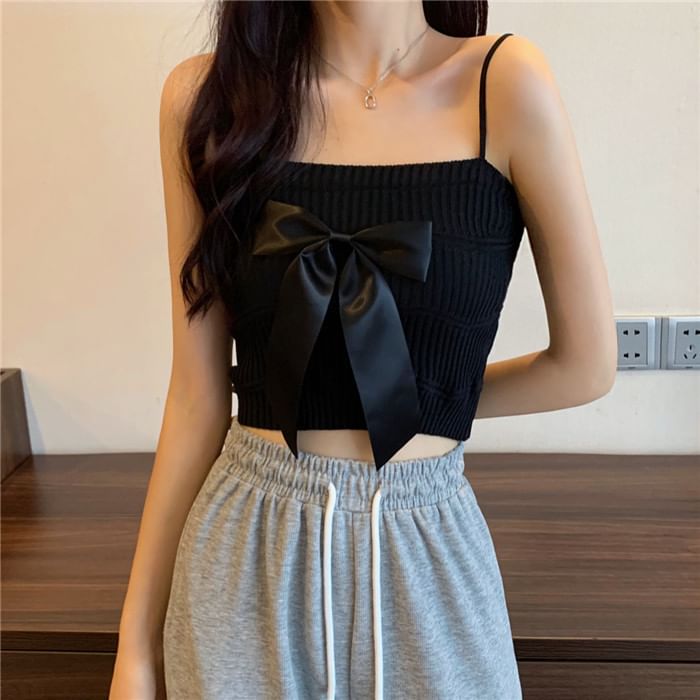 Ribbed Bow Top Plain Knit Camisole