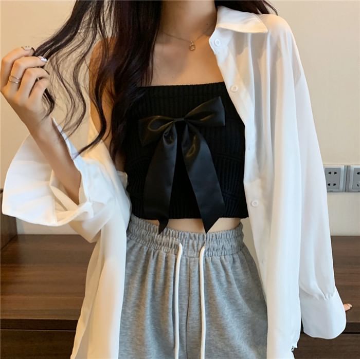 Ribbed Bow Top Plain Knit Camisole